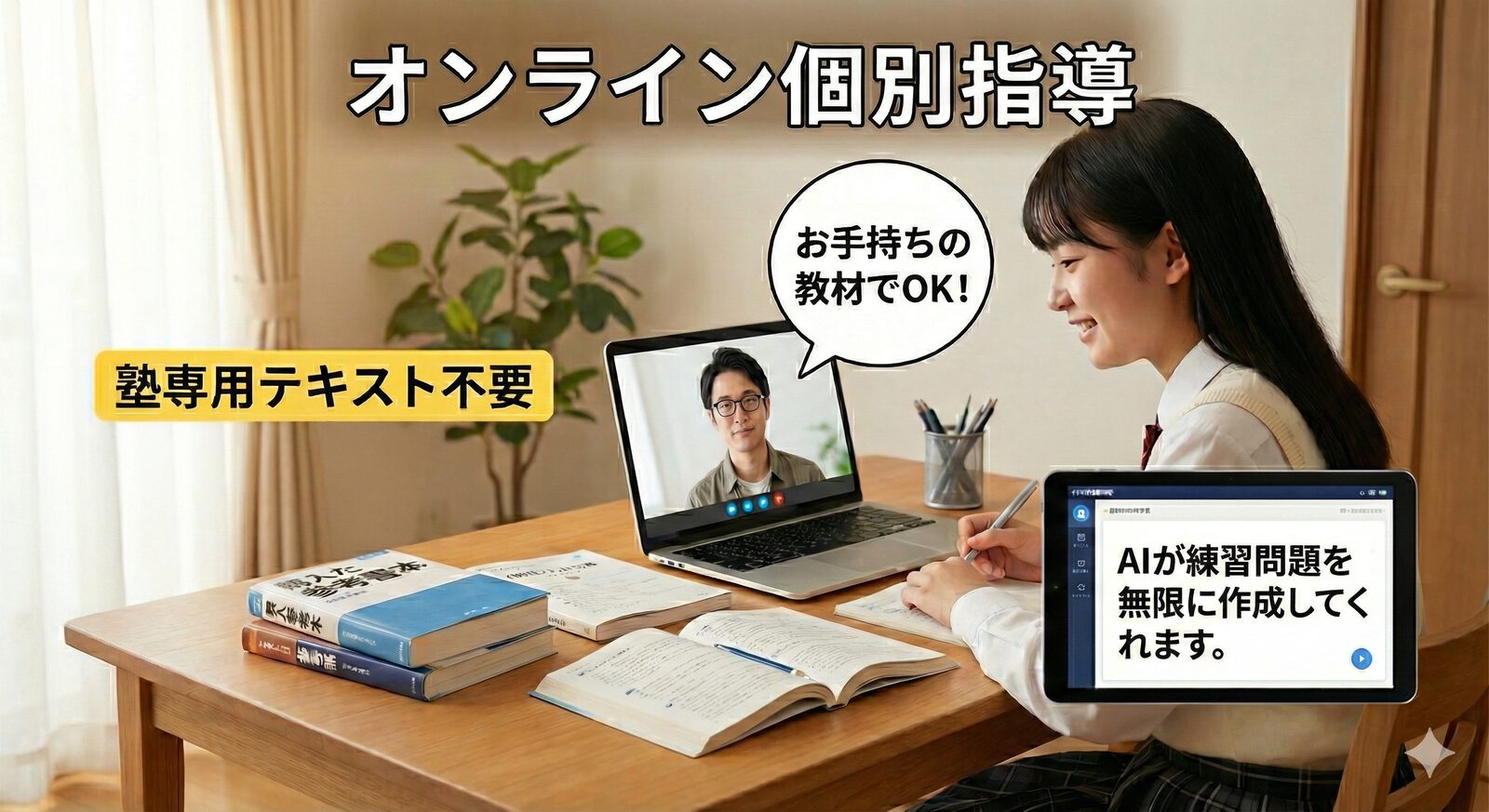 オンライン個別指導で手持ち教材を活用するイメージ