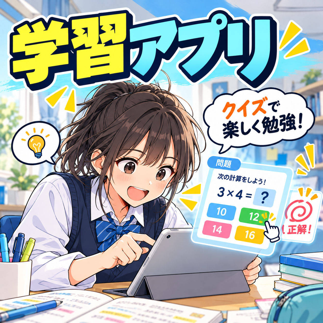 学習アプリでクイズに挑戦する中学生